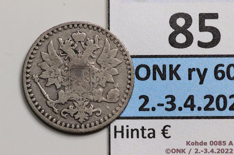 k-0085-a.jpg - Kohde 85 (kuva 1/2), lhthinta: 300 € / myyntihinta: 300 € 25 p 1867 Ag, melko harvinainen, kunto: 3/4