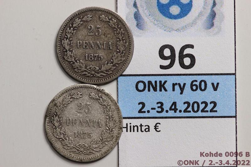 k-0096-b.jpg - Kohde 96 (kuva 2/2), lhthinta: 10 € / myyntihinta: 10 € 25 p 1875 (2) Ag, SNY 273.1 ja ?, jlkimminen kulunut ja vntynyt,  pisteit ei ny, rvja, kunto: 2-3