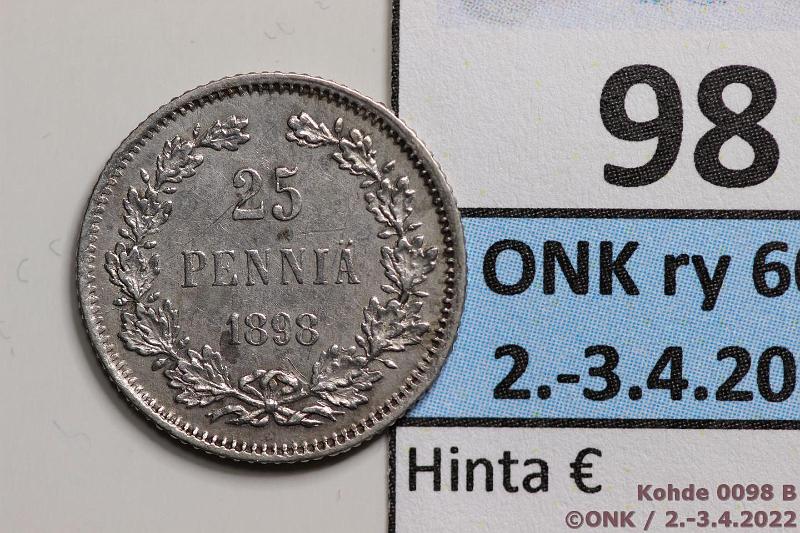 k-0098-b.jpg - Kohde 98 (kuva 2/2), lhthinta: 80 € / myyntihinta: 255 € 25 p 1898 Ag, SNY 280.2, rahamestarin L vrinpin uudelleenkaiverrettu, hnja, ij reunassa, lpuhd, kaunis!, kunto: 7