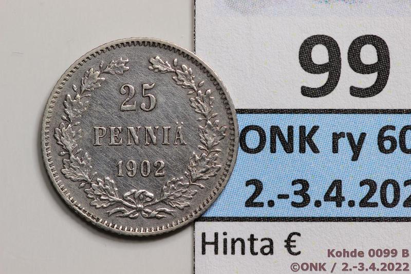 k-0099-b.jpg - Kohde 99 (kuva 2/2), lhthinta: 10 € / myyntihinta: 10 € 25 p 1902 Ag, lpuhd, kunto: 7