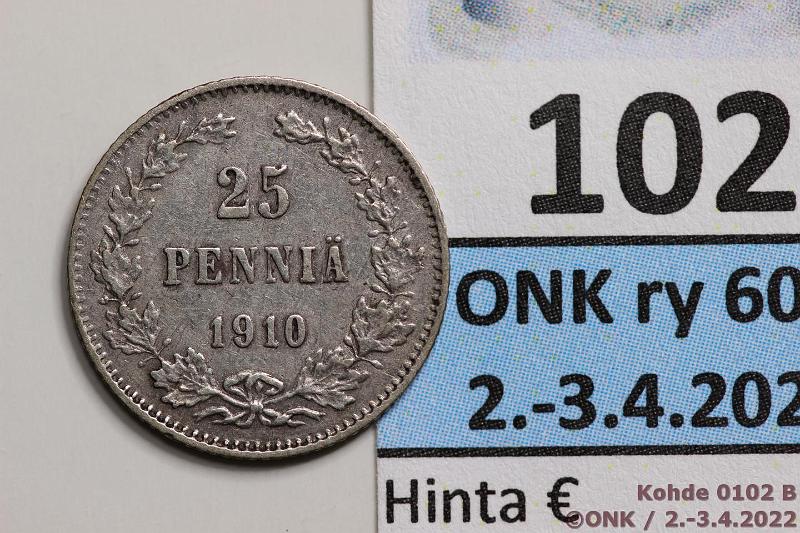 k-0102-b.jpg - Kohde 102 (kuva 2/2), lhthinta: 5 € / myyntihinta: 12 € 25 p 1910 Ag, kunto: 5