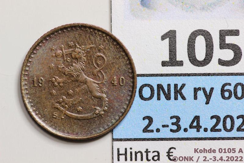 k-0105-a.jpg - Kohde 105 (kuva 1/2), lhthinta: 15 € / myyntihinta: 15 € 25 p 1940 Cu, kaunis!, kunto: 8
