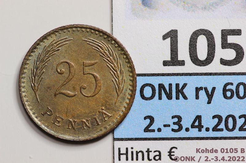 k-0105-b.jpg - Kohde 105 (kuva 2/2), lhthinta: 15 € / myyntihinta: 15 € 25 p 1940 Cu, kaunis!, kunto: 8