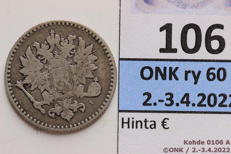 k-0106-a.jpg - Kohde 106 (kuva 1/3), lhthinta: 10 € / myyntihinta: 10 € 50 p 1864 Ag, SNY 315.2, uudempi syrjrihlaus, kunto: 2/4