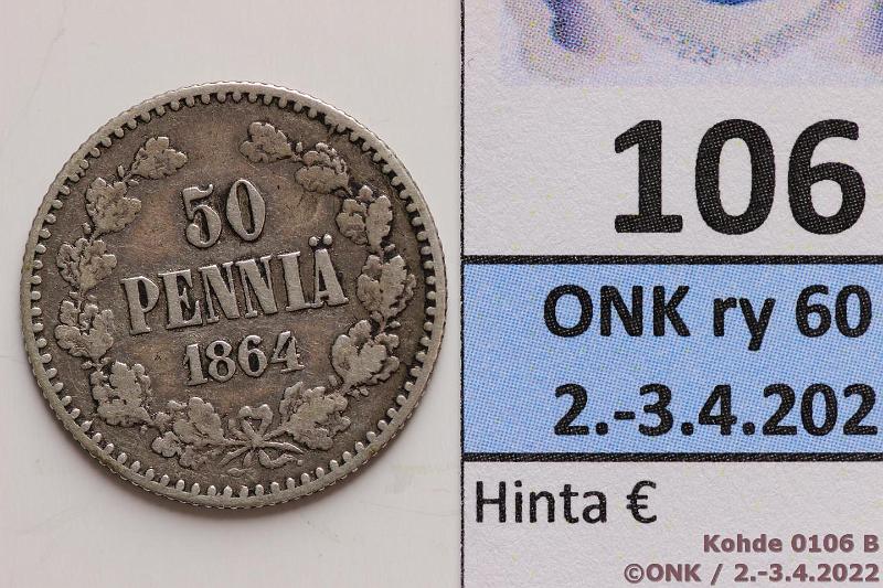 k-0106-b.jpg - Kohde 106 (kuva 2/3), lhthinta: 10 € / myyntihinta: 10 € 50 p 1864 Ag, SNY 315.2, uudempi syrjrihlaus, kunto: 2/4
