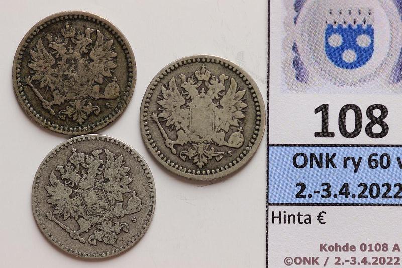 k-0108-a.jpg - Kohde 108 (kuva 1/3), lhthinta: 10 € / myyntihinta: 10 € 50 p 1864, -65, -66 Ag, SNY 315.1, 316, 317, kunto: 2-3