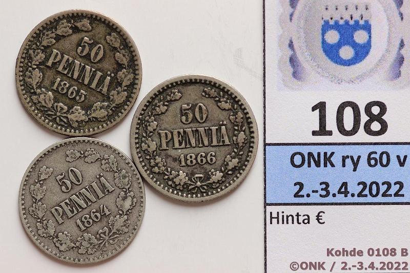 k-0108-b.jpg - Kohde 108 (kuva 2/3), lhthinta: 10 € / myyntihinta: 10 € 50 p 1864, -65, -66 Ag, SNY 315.1, 316, 317, kunto: 2-3