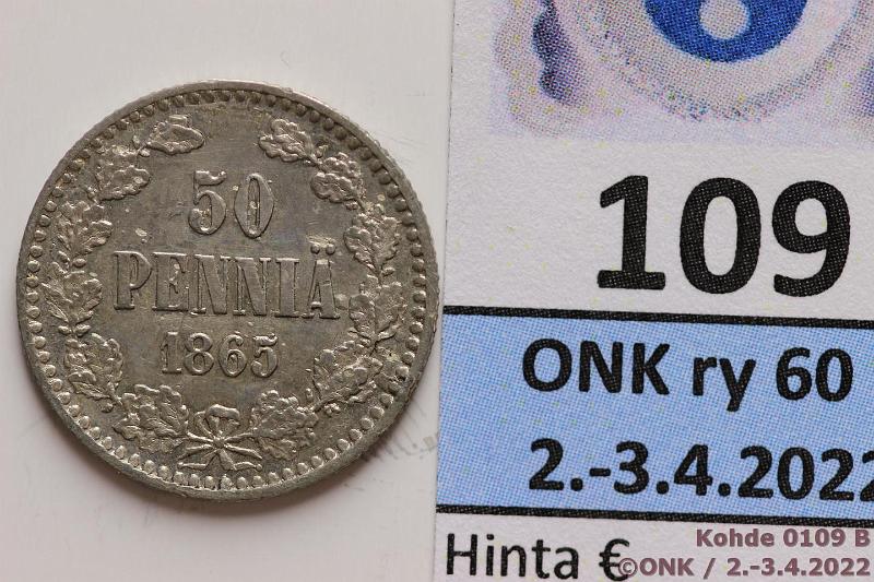 k-0109-b.jpg - Kohde 109 (kuva 2/2), lhthinta: 20 € / ei tarjouksia 50 p 1865 Ag, lpuhd, arvop ylim metallipisteit, kunto: 4/7