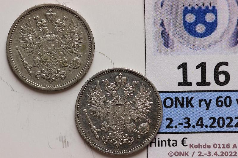 k-0116-a.jpg - Kohde 116 (kuva 1/2), lhthinta: 15 € / myyntihinta: 15 € 50 p 1891, 1908 Ag, kunto: 7, 8