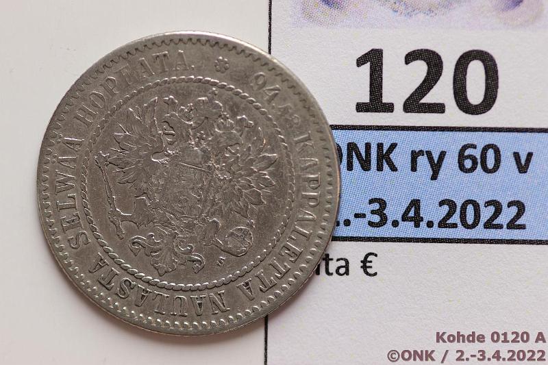 k-0120-a.jpg - Kohde 120 (kuva 1/3), lhthinta: 80 € / myyntihinta: 80 € 1 mk 1864 Ag, SNY 397.1, vanhempi syrjrihlaus, puhd, kunto: 4
