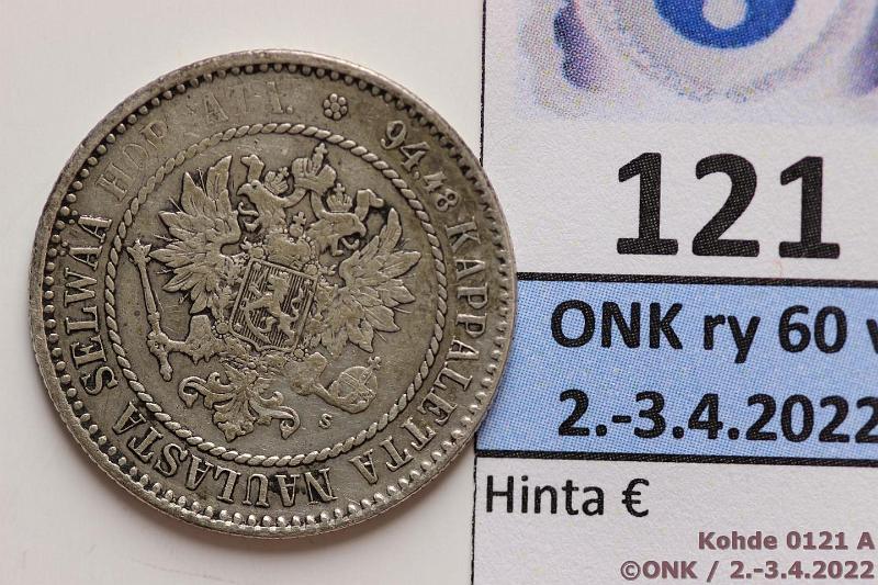 k-0121-a.jpg - Kohde 121 (kuva 1/3), lhthinta: 100 € / myyntihinta: 100 € 1 mk 1864 Ag, SNY 397.1, vanhempi syrjrihlaus, kunto: 4/5