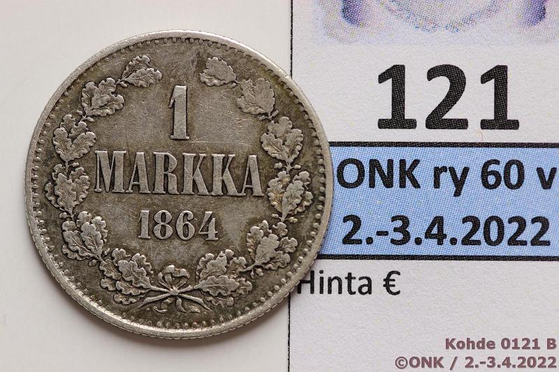 k-0121-b.jpg - Kohde 121 (kuva 2/3), lhthinta: 100 € / myyntihinta: 100 € 1 mk 1864 Ag, SNY 397.1, vanhempi syrjrihlaus, kunto: 4/5