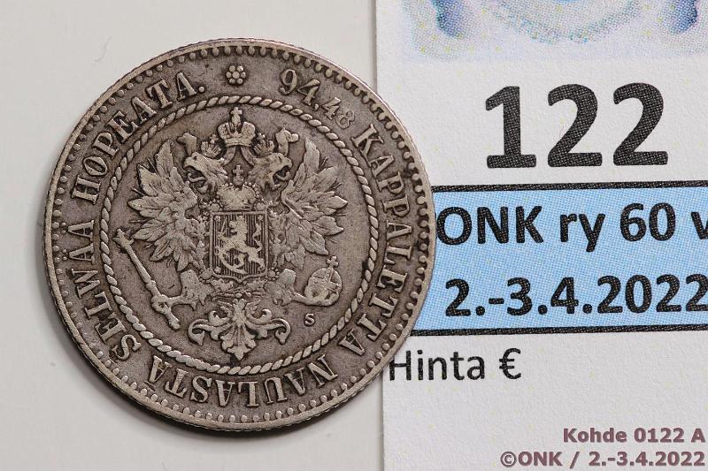 k-0122-a.jpg - Kohde 122 (kuva 1/3), lhthinta: 80 € / myyntihinta: 110 € 1 mk 1864 Ag, SNY 397.2, uudempi syrjrihlaus, kunto: 4