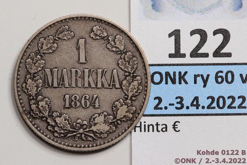 k-0122-b.jpg - Kohde 122 (kuva 2/3), lhthinta: 80 € / myyntihinta: 110 € 1 mk 1864 Ag, SNY 397.2, uudempi syrjrihlaus, kunto: 4