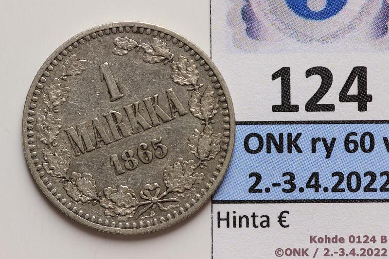 k-0124-b.jpg - Kohde 124 (kuva 2/2), lhthinta: 10 € / myyntihinta: 16 € 1 mk 1865 Ag, SNY 398.2.2, hnja, lpuhd, kunto: 6