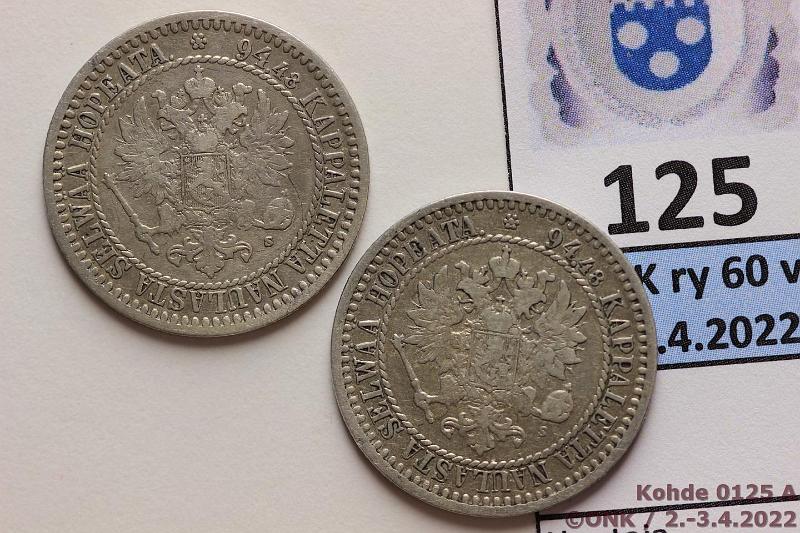 k-0125-a.jpg - Kohde 125 (kuva 1/2), lhthinta: 15 € / ei tarjouksia 1 mk 1865, -66 Ag, SNY 398.2.2+399.2.2. -65 puhd, kunto: 4