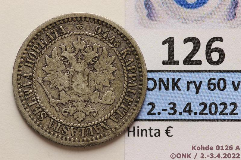 k-0126-a.jpg - Kohde 126 (kuva 1/2), lhthinta: 5 € / myyntihinta: 10 € 1 mk 1866 Ag, SNY 399.2.2, kunto: 4