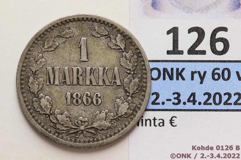 k-0126-b.jpg - Kohde 126 (kuva 2/2), lhthinta: 5 € / myyntihinta: 10 € 1 mk 1866 Ag, SNY 399.2.2, kunto: 4