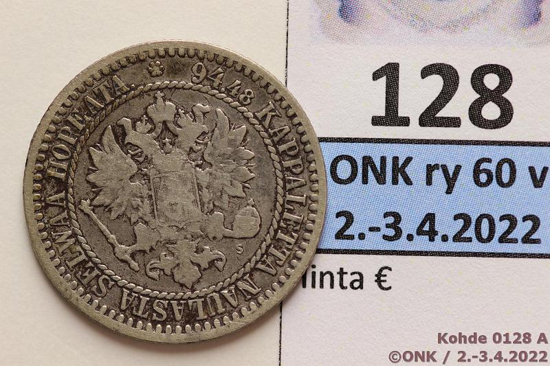 k-0128-a.jpg - Kohde 128 (kuva 1/2), lhthinta: 15 € / myyntihinta: 34 € 1 mk 1867 Ag, SNY 400.1, kunto: 3/4