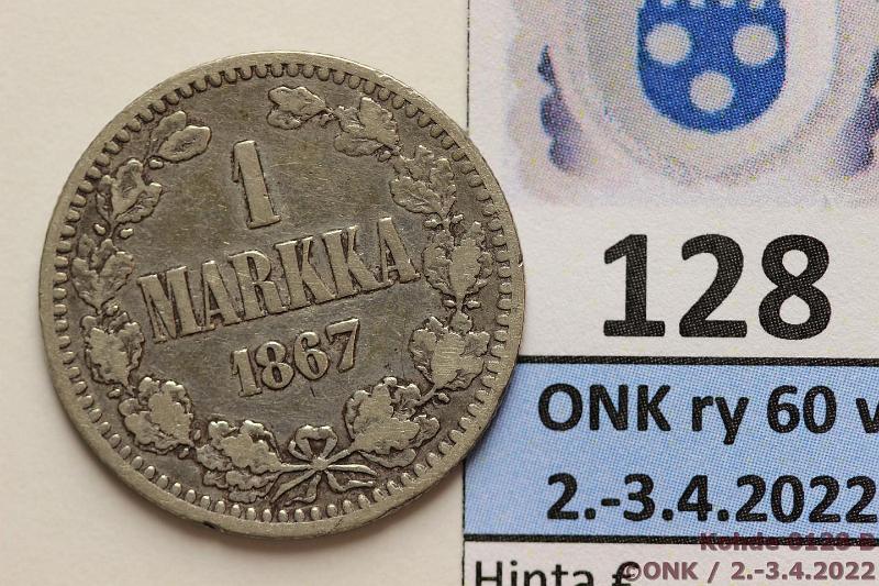 k-0128-b.jpg - Kohde 128 (kuva 2/2), lhthinta: 15 € / myyntihinta: 34 € 1 mk 1867 Ag, SNY 400.1, kunto: 3/4