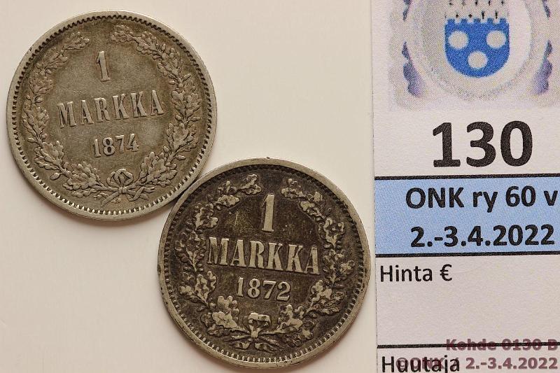 k-0130-b.jpg - Kohde 130 (kuva 2/2), lhthinta: 10 € / ei tarjouksia 1 mk 1872, -74 Ag, SNY 402.1, 403. -72 rvja, kunto: 3, 4