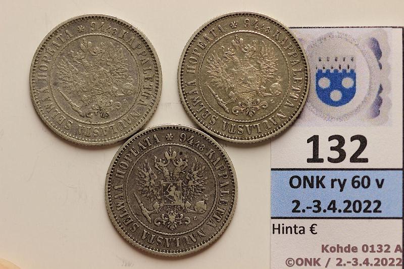 k-0132-a.jpg - Kohde 132 (kuva 1/2), lhthinta: 15 € / myyntihinta: 15 € 1 mk 1890, -92, -93 Ag, -90 likapiste, -92 lpuhd, hnja, kunto: 4-6