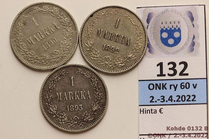 k-0132-b.jpg - Kohde 132 (kuva 2/2), lhthinta: 15 € / myyntihinta: 15 € 1 mk 1890, -92, -93 Ag, -90 likapiste, -92 lpuhd, hnja, kunto: 4-6