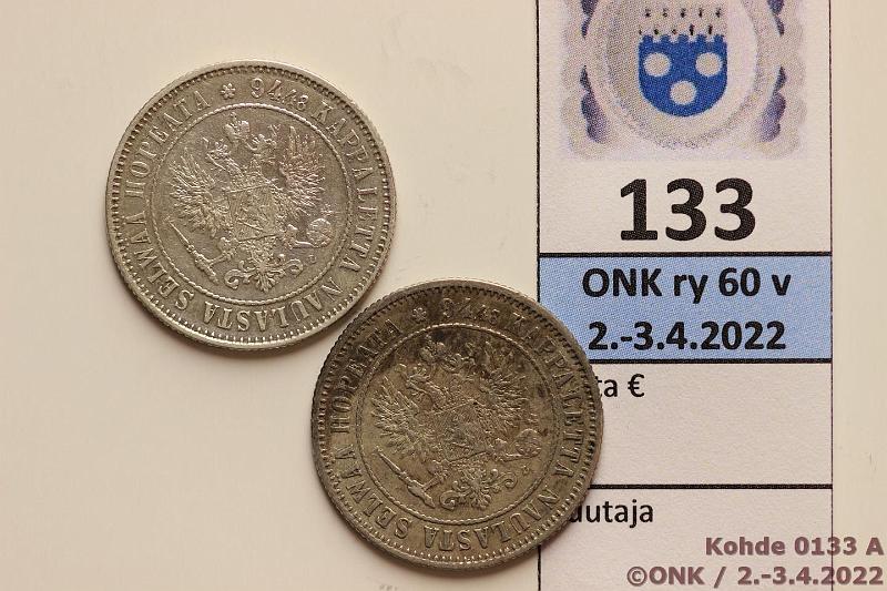 k-0133-a.jpg - Kohde 133 (kuva 1/2), lhthinta: 10 € / ei tarjouksia 1 mk 1890, -93 Ag, -90 tummentumaa, kunto: 6