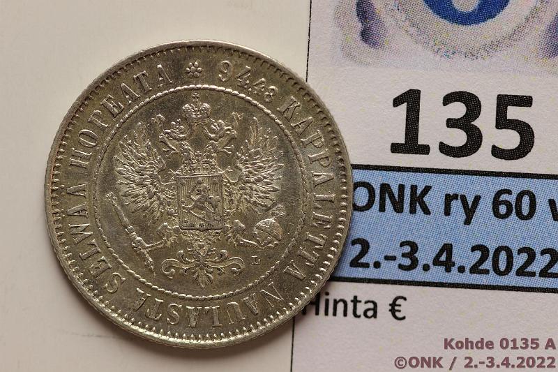 k-0135-a.jpg - Kohde 135 (kuva 1/2), lhthinta: 20 € / ei tarjouksia 1 mk 1907 Ag, hnja, kunto: 8/7