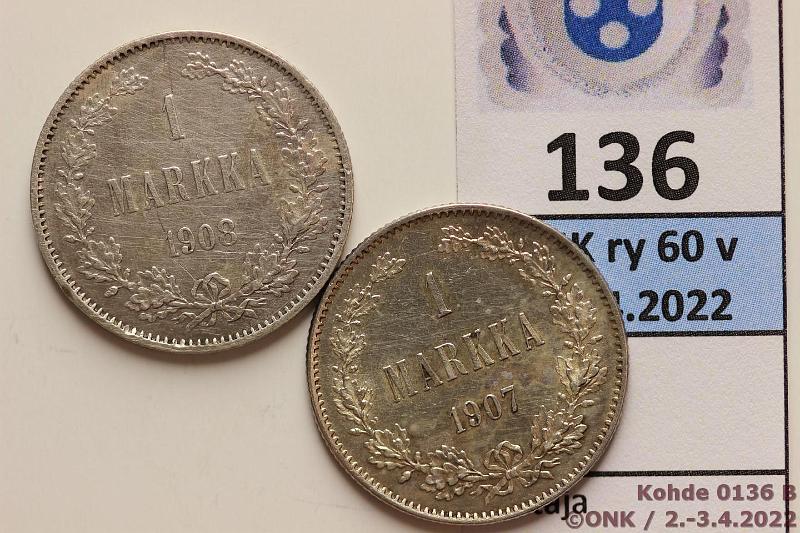 k-0136-b.jpg - Kohde 136 (kuva 2/2), lhthinta: 20 € / myyntihinta: 20 € 1 mk 1907, -08 Ag, -07 hnja, -08 puhd, hnja, eprv, kunto: 8, 4