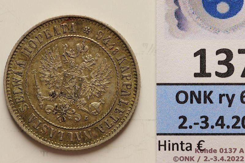 k-0137-a.jpg - Kohde 137 (kuva 1/2), lhthinta: 10 € / myyntihinta: 17 € 1 mk 1908 Ag, patinaa, kunto: 6/7