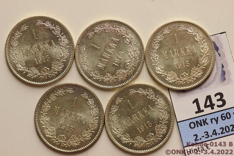 k-0143-b.jpg - Kohde 143 (kuva 2/2), lhthinta: 50 € / myyntihinta: 130 € 1 mk 1915 (5) Ag, ephpja, 5 eri tyyppi rahamestarin S:, erittin kauniita!, kunto: 8-9