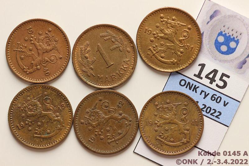 k-0145-a.jpg - Kohde 145, lhthinta: 5 € / myyntihinta: 5 € 1 mk 1940-51 (6) Cu, eri vuosia, -40 kl7, kunto: 4-7