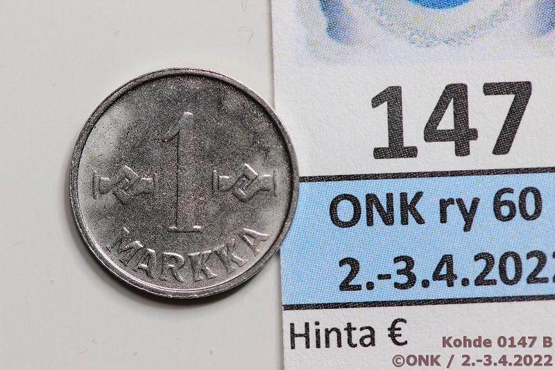 k-0147-b.jpg - Kohde 147 (kuva 2/2), lhthinta: 15 € / ei tarjouksia 1 mk 1953 FeNi, nikkelinti varmistettu rtg-fluorometrilla, kunto: 8/9