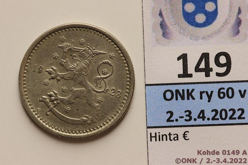 k-0149-a.jpg - Kohde 149 (kuva 1/2), lhthinta: 30 € / ei tarjouksia 1 mk 1923 Erittin kaunis!, kunto: 8