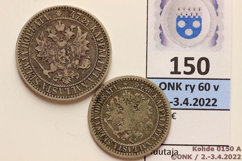k-0150-a.jpg - Kohde 150 (kuva 1/2), lhthinta: 15 € / myyntihinta: 16 € 1 + 2 mk 1866, -65 Ag, 1mk -66 rvja; 2mk -65 nja, kunto: 3/4, 4