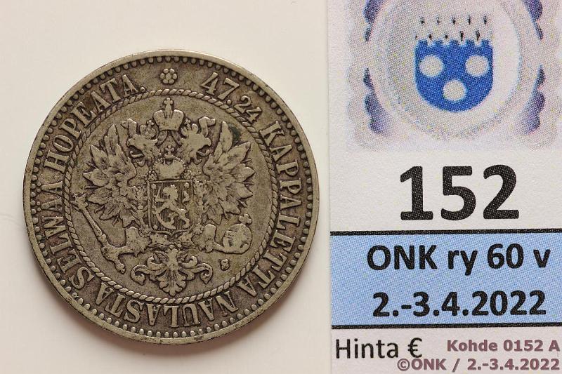 k-0152-a.jpg - Kohde 152 (kuva 1/2), lhthinta: 12 € / myyntihinta: 12 € 2 mk 1865 Ag, SNY 493.1, kunto: 4