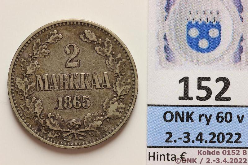 k-0152-b.jpg - Kohde 152 (kuva 2/2), lhthinta: 12 € / myyntihinta: 12 € 2 mk 1865 Ag, SNY 493.1, kunto: 4