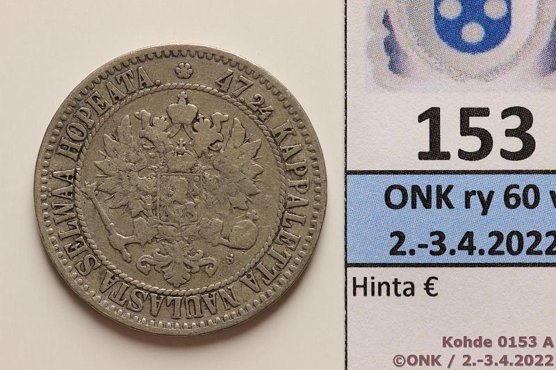 k-0153-a.jpg - Kohde 153 (kuva 1/2), lhthinta: 12 € / ei tarjouksia 2 mk 1865 Ag, SNY 493.2, kunto: 3