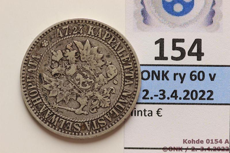 k-0154-a.jpg - Kohde 154 (kuva 1/2), lhthinta: 12 € / ei tarjouksia 2 mk 1865 Ag, SNY 493.2, tumma, kunto: 4