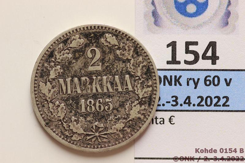 k-0154-b.jpg - Kohde 154 (kuva 2/2), lhthinta: 12 € / ei tarjouksia 2 mk 1865 Ag, SNY 493.2, tumma, kunto: 4
