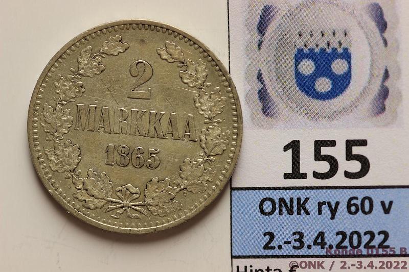 k-0155-b.jpg - Kohde 155 (kuva 2/2), lhthinta: 40 € / ei tarjouksia 2 mk 1865 Ag, SNY 493.2, hnja, lpuhd, kaunis!, kunto: 6/7
