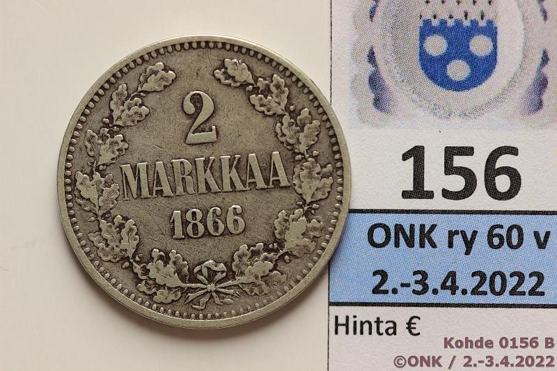 k-0156-b.jpg - Kohde 156 (kuva 2/2), lhthinta: 12 € / myyntihinta: 25 € 2 mk 1866 Ag, SNY 494.1, kunto: 4