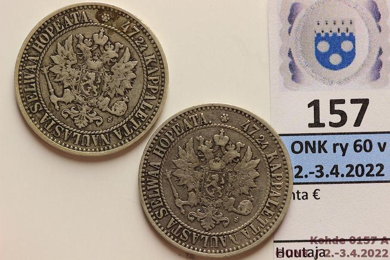 k-0157-a.jpg - Kohde 157 (kuva 1/2), lhthinta: 24 € / myyntihinta: 50 € 2 mk 1866 (2) Ag, SNY 494.1, toinen lpuhd, kunto: 4/5