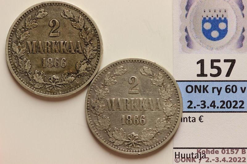 k-0157-b.jpg - Kohde 157 (kuva 2/2), lhthinta: 24 € / myyntihinta: 50 € 2 mk 1866 (2) Ag, SNY 494.1, toinen lpuhd, kunto: 4/5