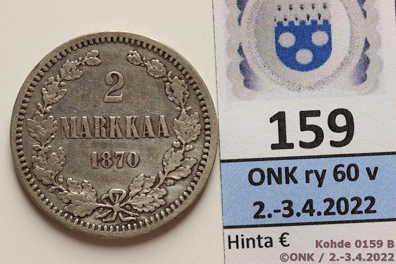 k-0159-b.jpg - Kohde 159 (kuva 2/2), lhthinta: 12 € / ei tarjouksia 2 mk 1870 Ag, puhd, kunto: 4