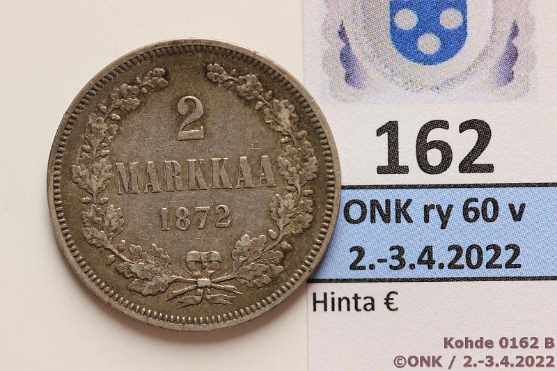 k-0162-b.jpg - Kohde 162 (kuva 2/2), lhthinta: 12 € / myyntihinta: 14 € 2 mk 1872 Ag, kunto: 5