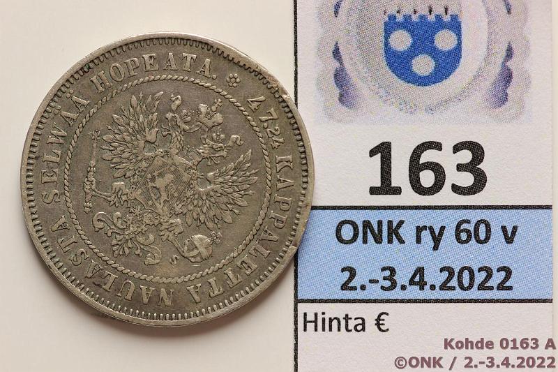 k-0163-a.jpg - Kohde 163 (kuva 1/2), lhthinta: 12 € / myyntihinta: 12 € 2 mk 1874 Ag, rvja, kunto: 4