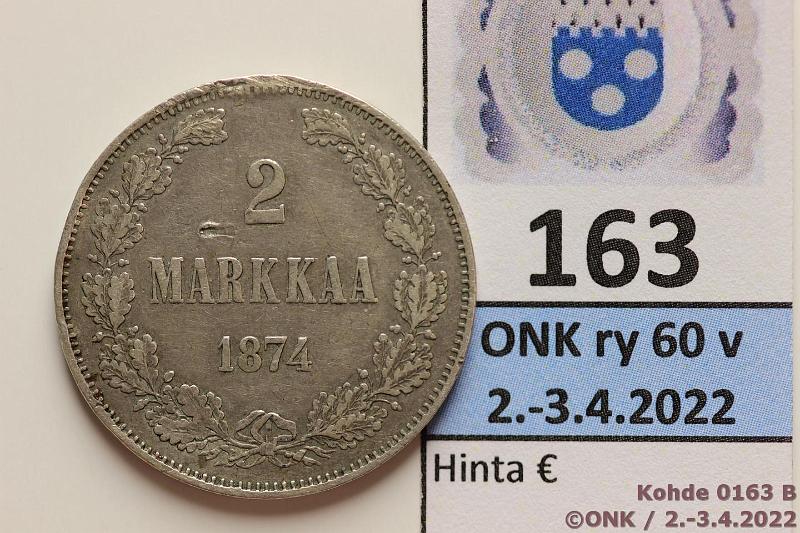 k-0163-b.jpg - Kohde 163 (kuva 2/2), lhthinta: 12 € / myyntihinta: 12 € 2 mk 1874 Ag, rvja, kunto: 4