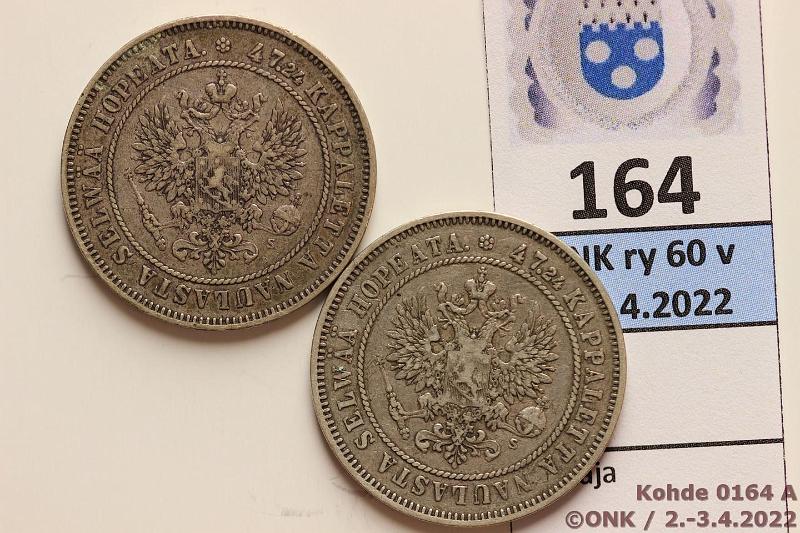k-0164-a.jpg - Kohde 164 (kuva 1/2), lhthinta: 24 € / myyntihinta: 24 € 2 mk 1874 (2) Ag, kunto: 3, 4